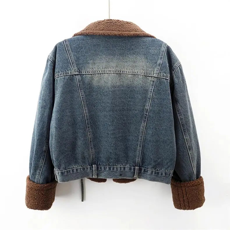 Lamb Wool Stitching Lightweight Down Liner Fleece-lined Denim Coat Women’s Short Top Jacket