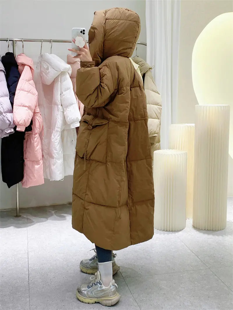 Korean Style Winter Clothes Hooded Women’s Over-the-knee Quilt Down Jacket