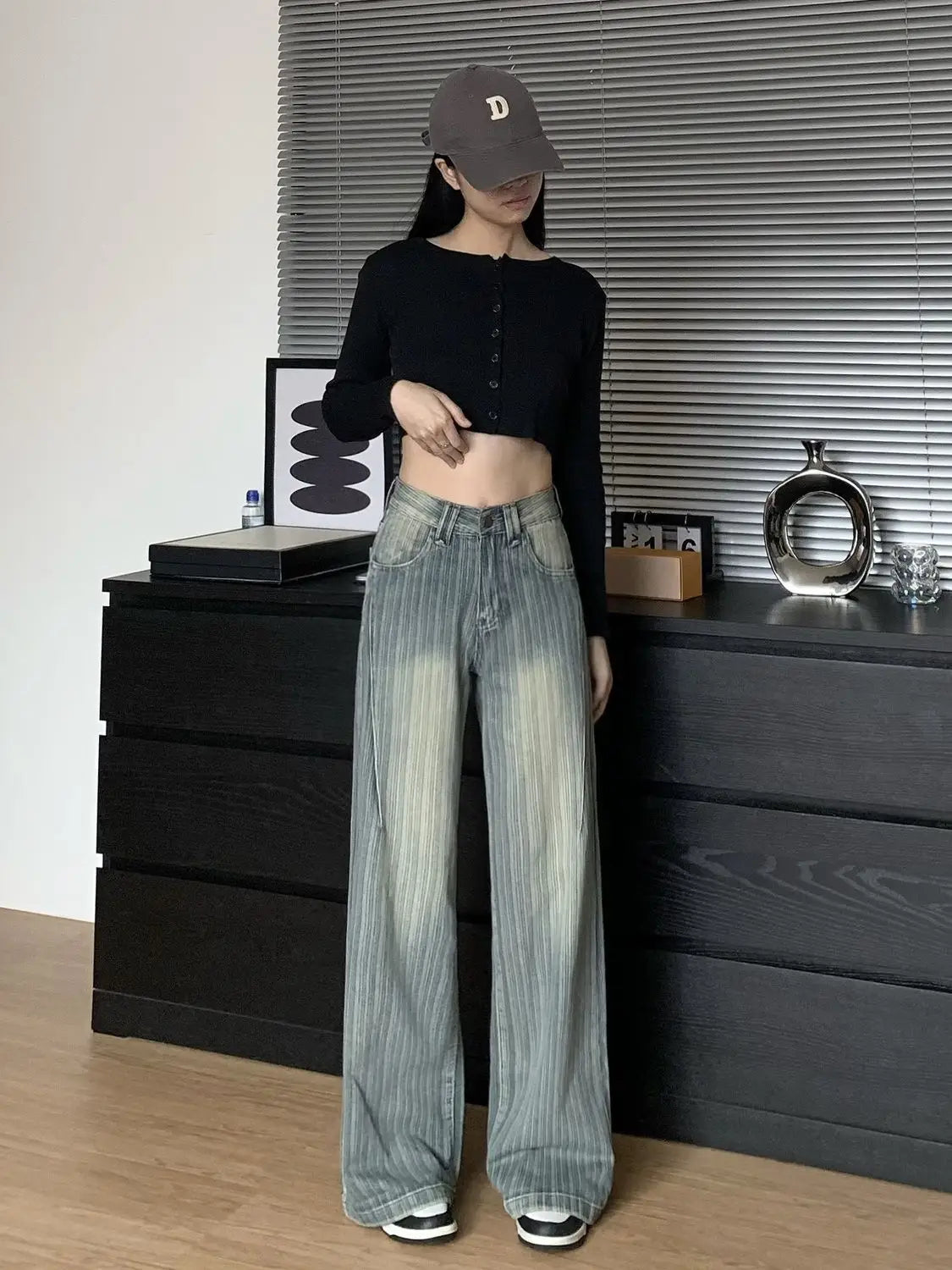 High Waist Striped Blue Loose Wide Leg Jeans Women Draped Pants