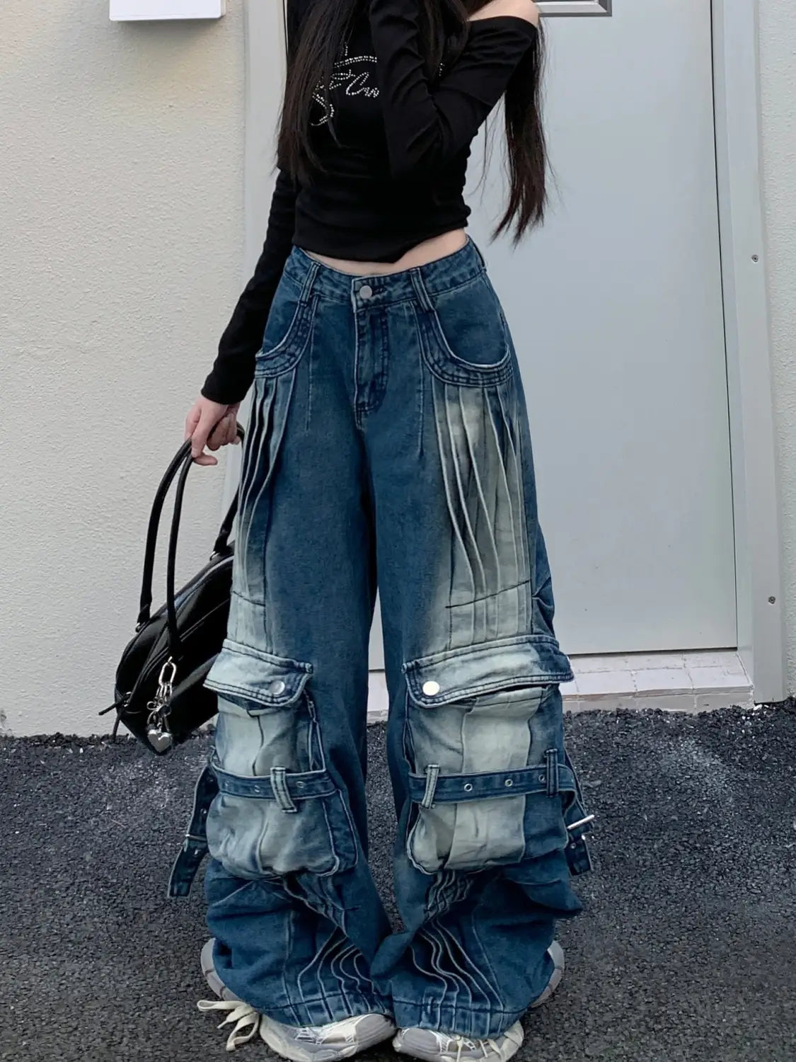 Straight Loose Washed-out Deconstruction Design Cargo Jeans Female