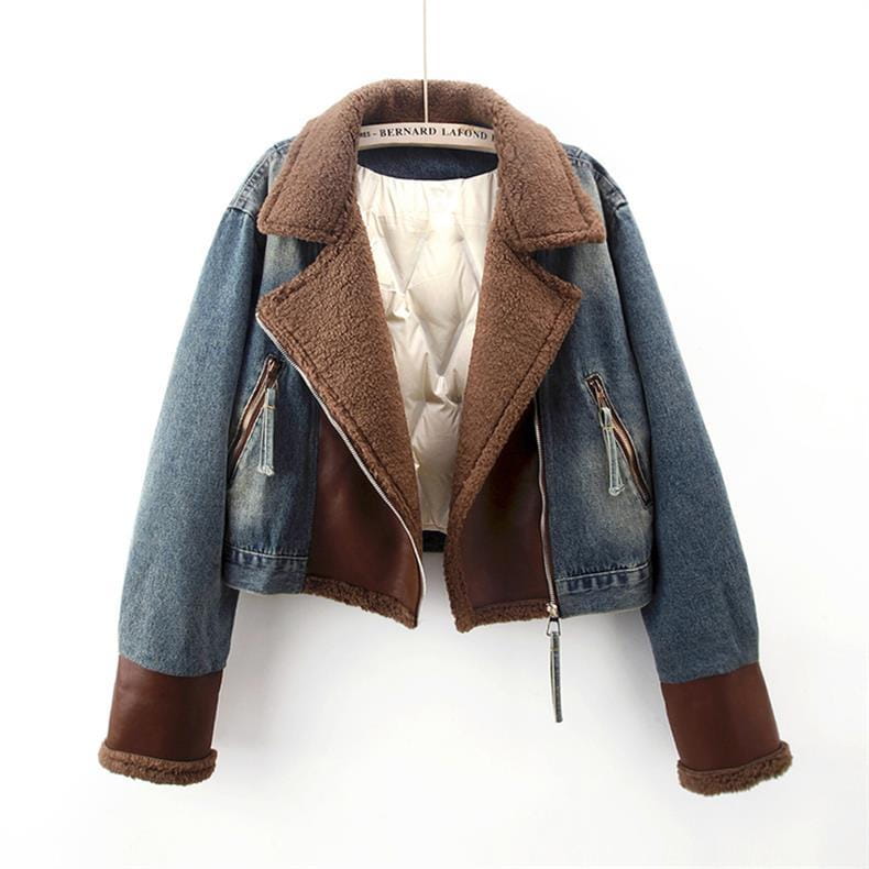 Lamb Wool Stitching Lightweight Down Liner Fleece-lined Denim Coat Women’s Short Top Jacket