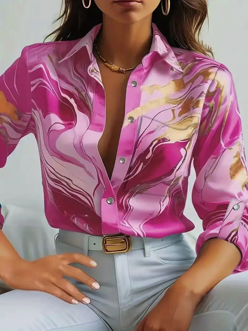 Season Fashion Casual Loose Button Long Sleeve Printed Shirt For Women
