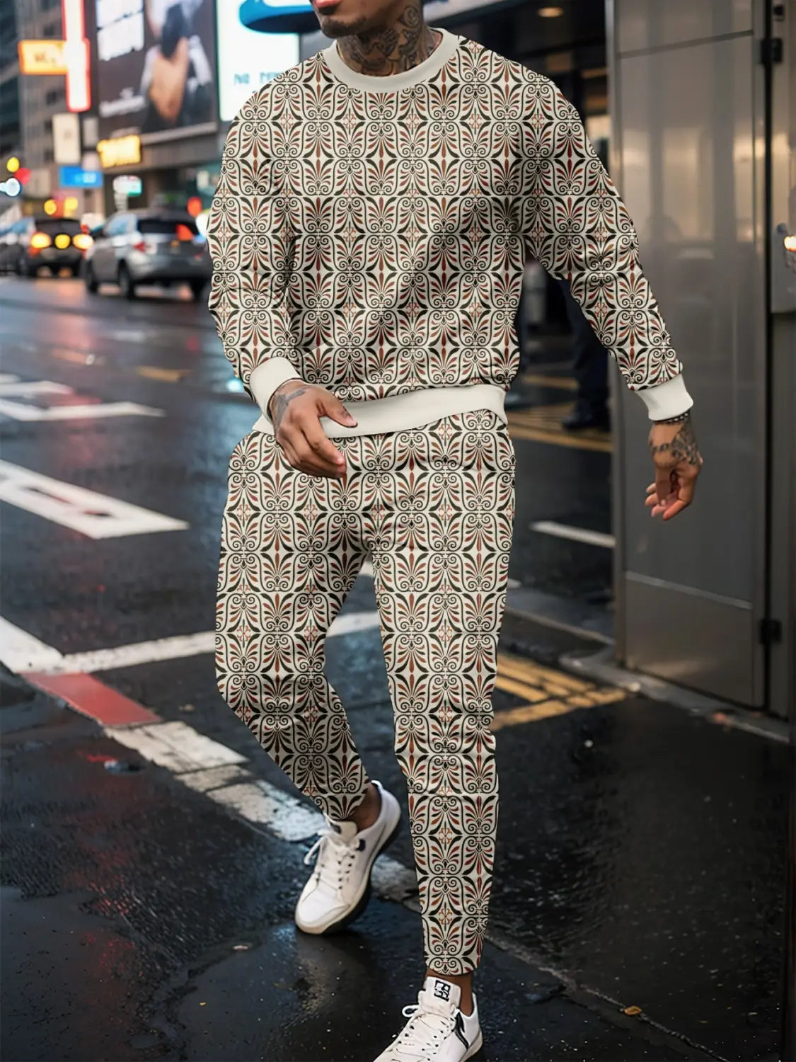 Sports Men’s Clothing Casual Retro Digital Printed Round Neck Sweater Suit