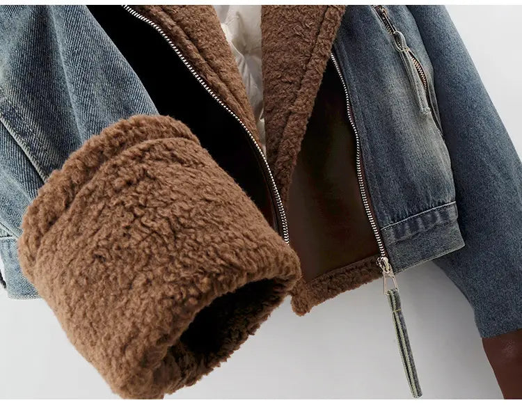 Lamb Wool Stitching Lightweight Down Liner Fleece-lined Denim Coat Women’s Short Top Jacket