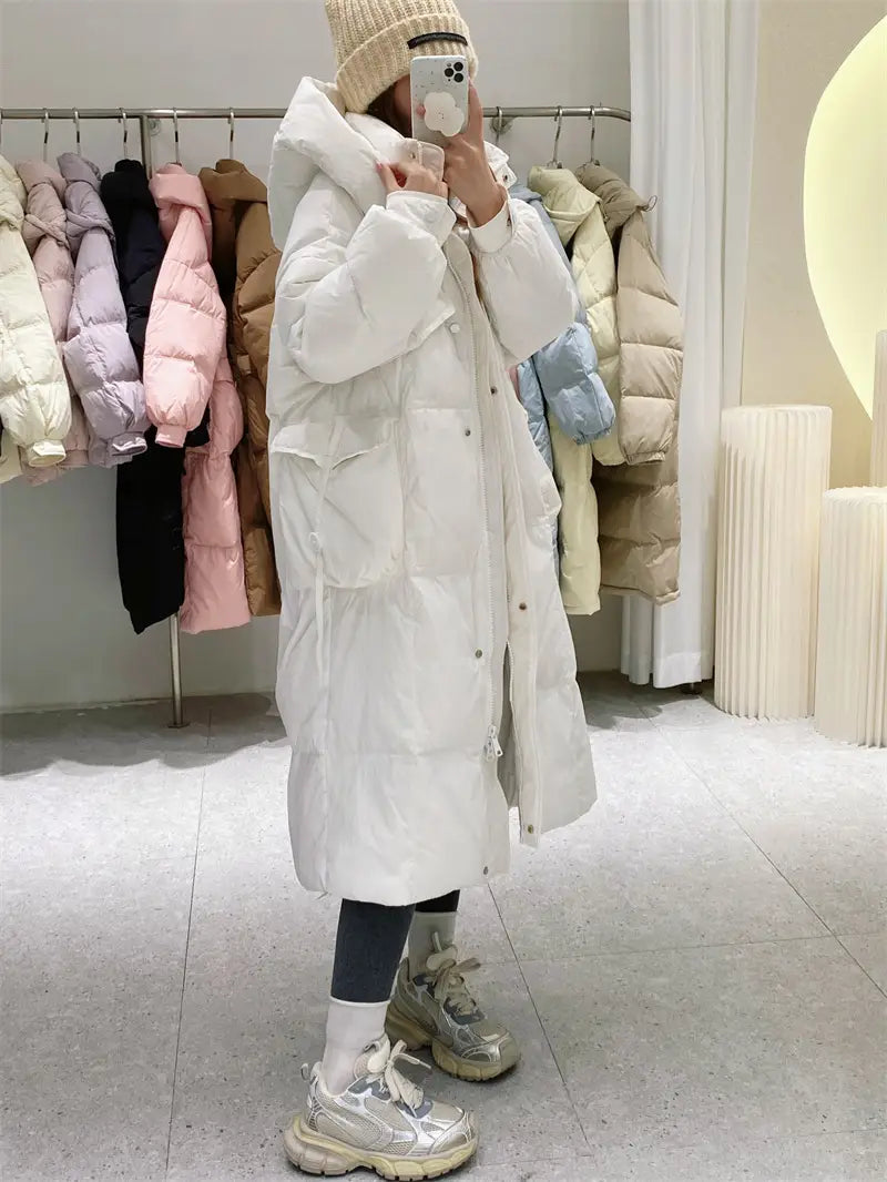 Korean Style Winter Clothes Hooded Women’s Over-the-knee Quilt Down Jacket