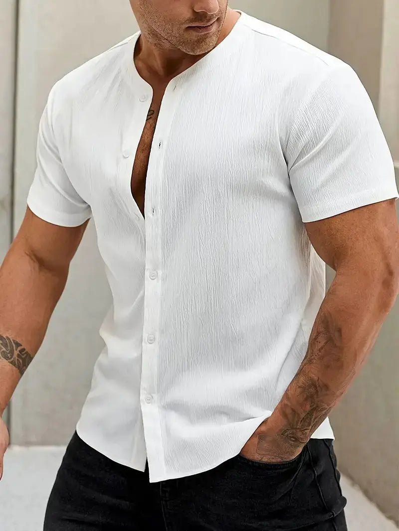 New Cardigan Stand Collar Men’s Short-sleeve Shirts
