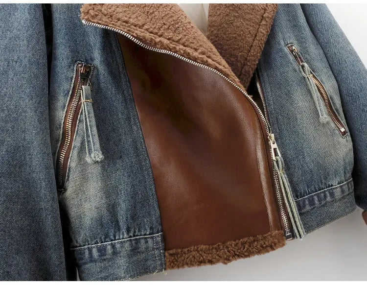 Lamb Wool Stitching Lightweight Down Liner Fleece-lined Denim Coat Women’s Short Top Jacket