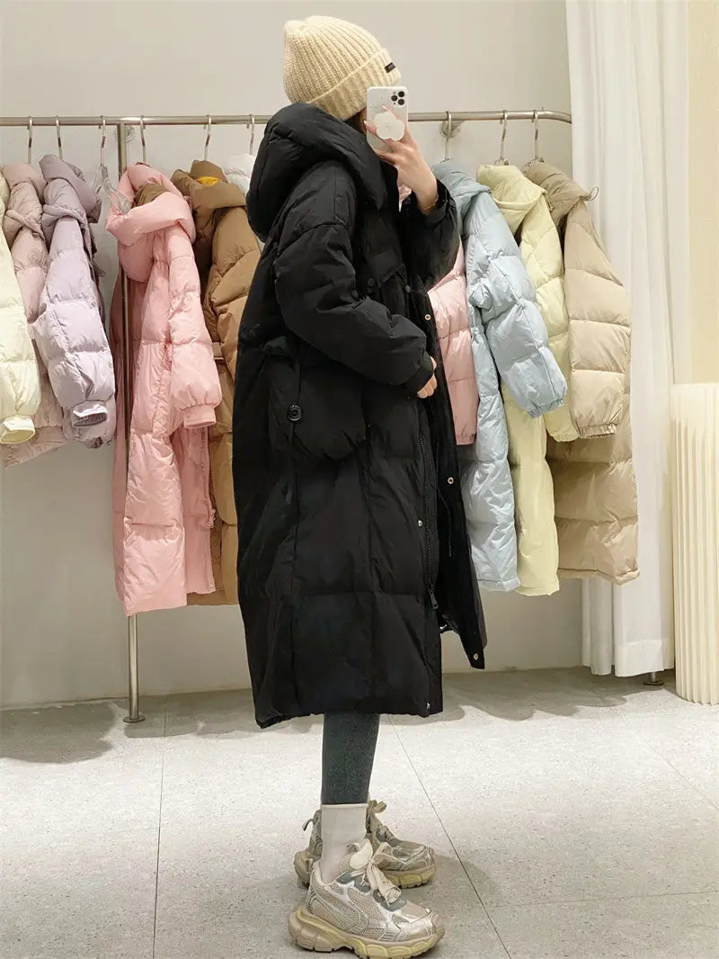 Korean Style Winter Clothes Hooded Women’s Over-the-knee Quilt Down Jacket