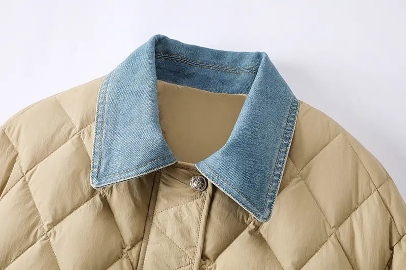 New Denim Stitching Diamond Plaid Cotton Coat Jacket Women
