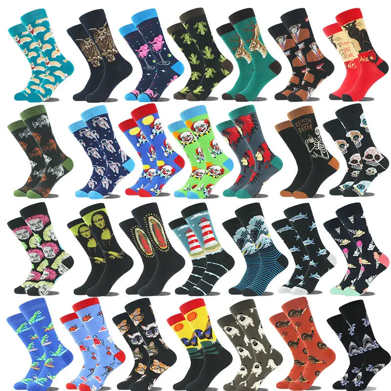 Men’s Cartoon Animal Retro Oil Painting Mid-calf Socks