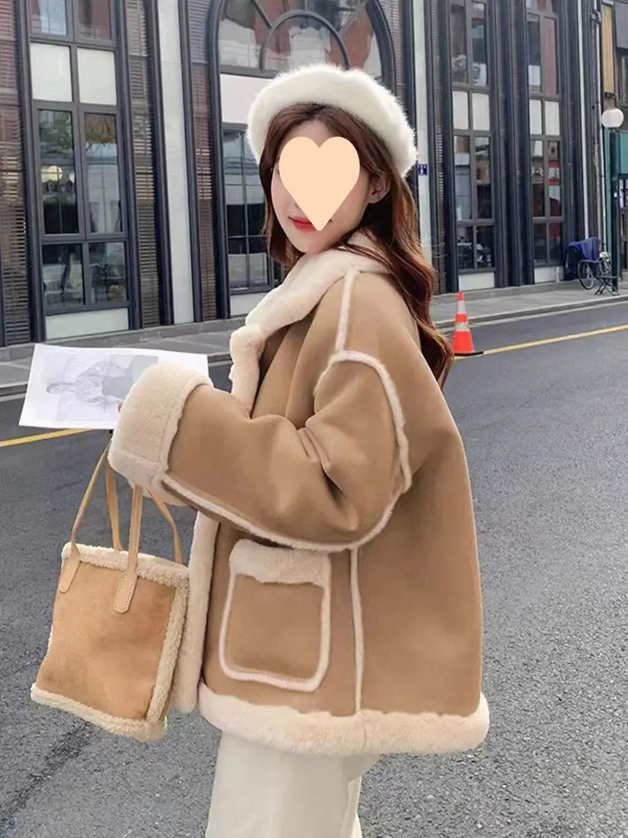 Women’s Korean Suede Motorcycle Clothing Berber Fleece Coat
