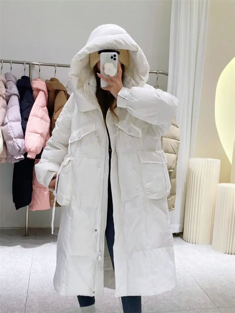 Korean Style Winter Clothes Hooded Women’s Over-the-knee Quilt Down Jacket