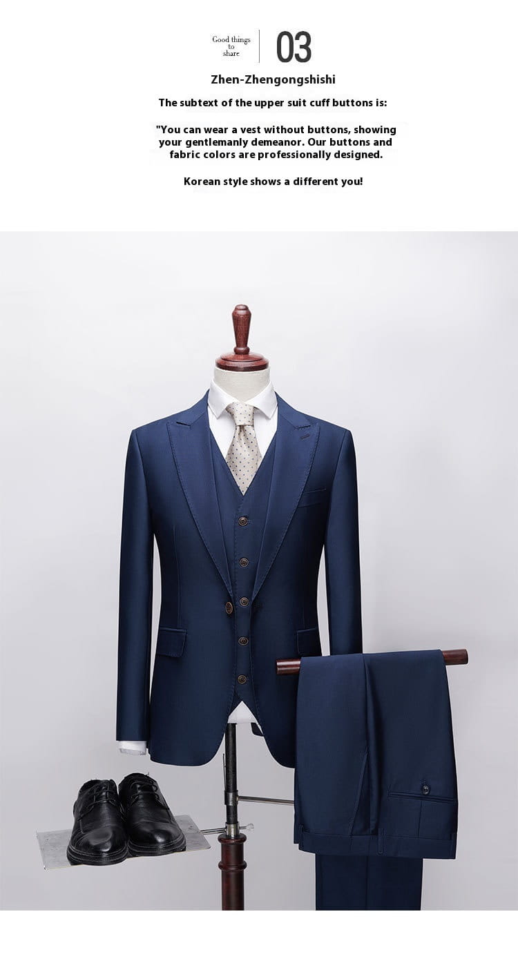 Men’s British Korean Slim Fit Dark Blue Casual Three-piece Suit