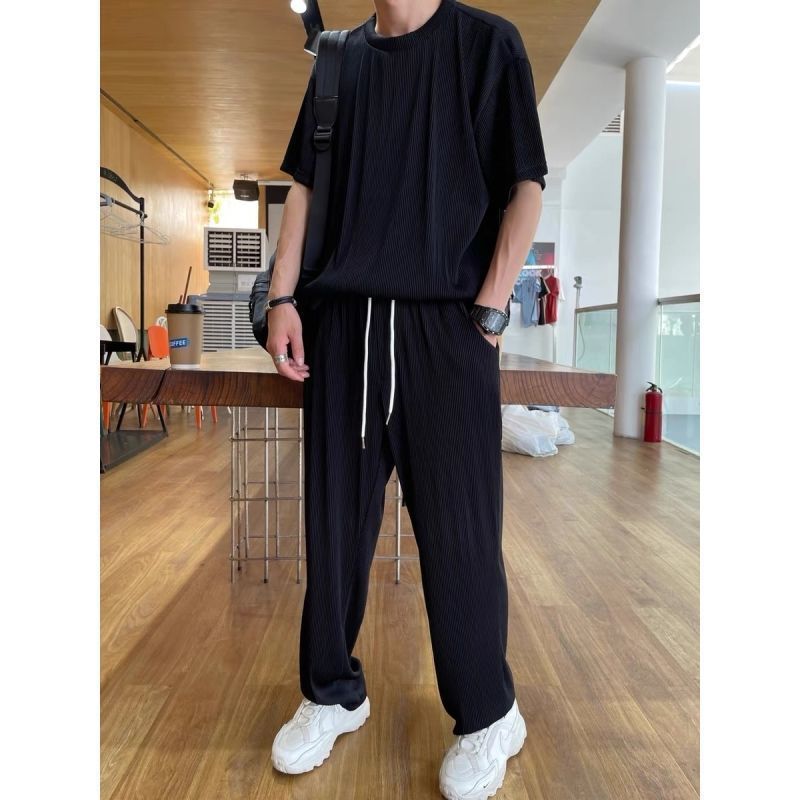 Drapey Short Sleeve Trousers Casual Two Piece Suit - Black Sui / M