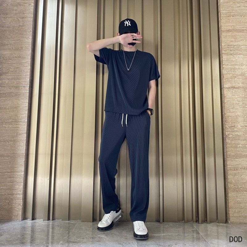 Drapey Short Sleeve Trousers Casual Two Piece Suit - Dark Blue Suit / M
