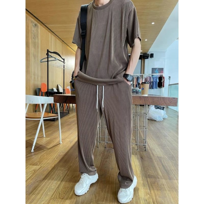 Drapey Short Sleeve Trousers Casual Two Piece Suit - Dark Brown Suit / M