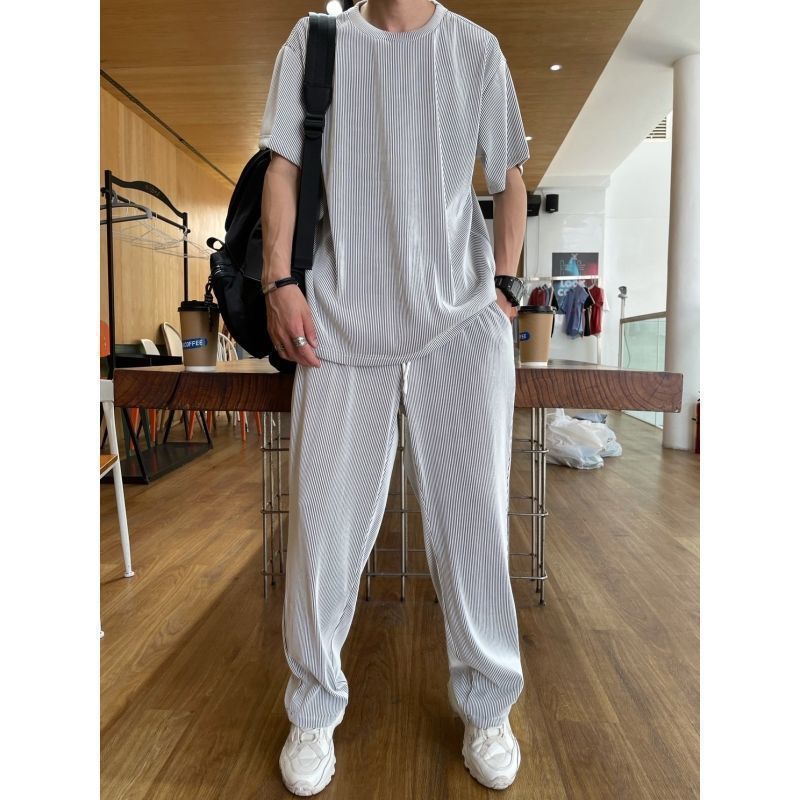 Drapey Short Sleeve Trousers Casual Two Piece Suit - Silver White Suit / M
