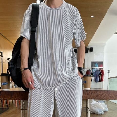 Drapey Short Sleeve Trousers Casual Two Piece Suit - Silver White Top / M