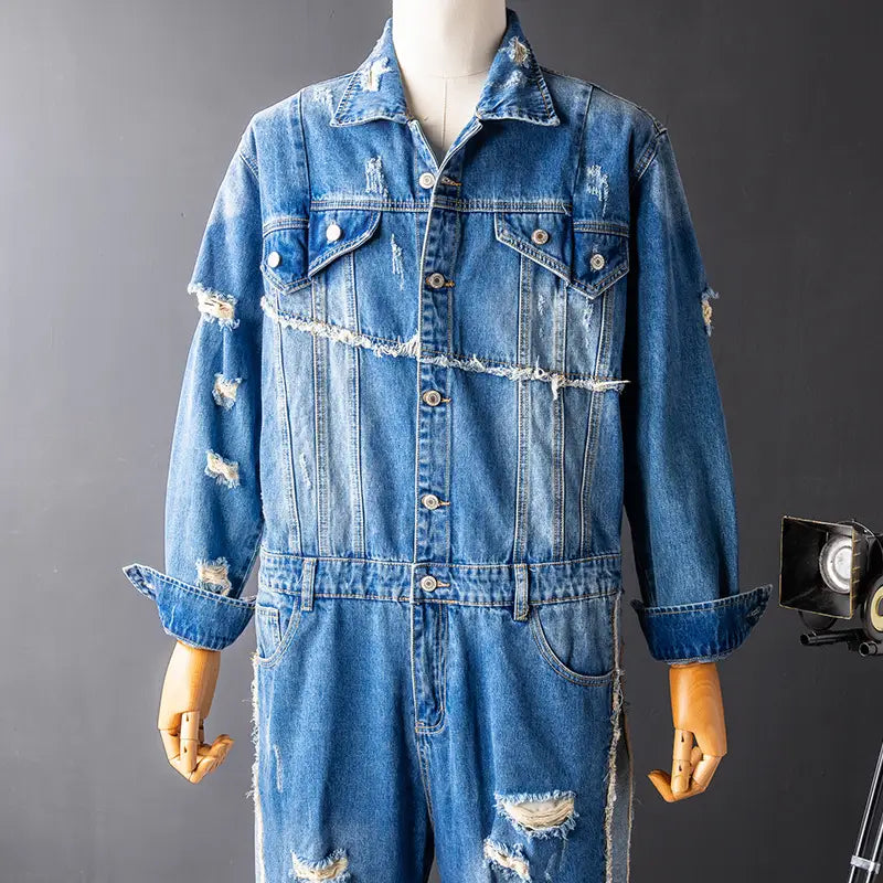 Men’s Denim Hip Hop Ripped Wash Cargo Jumpsuit