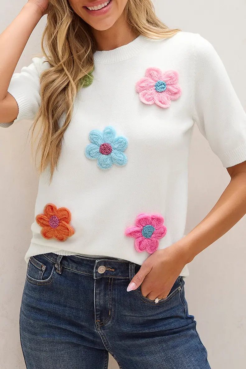 Three-dimensional Flower Decoration Half-sleeve Top European And American Commuters’ Knitted