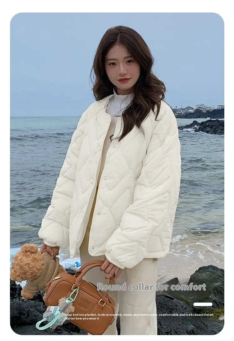 Korean Style Down Cotton Jacket Women’s Short Light Round Neck