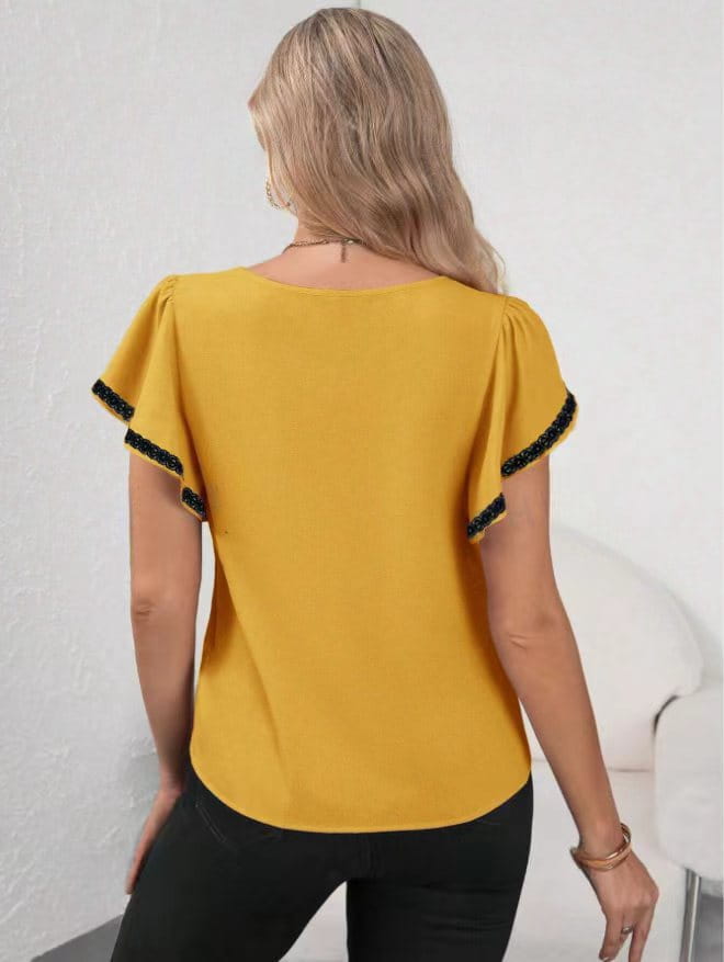 Women’s Fashion Ruffle Sleeve Solid Color And V-neck T-shirt