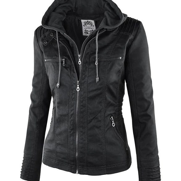 Women’s Detachable Lapel Long Sleeve Solid Color Zipper Leather Jacket Coat