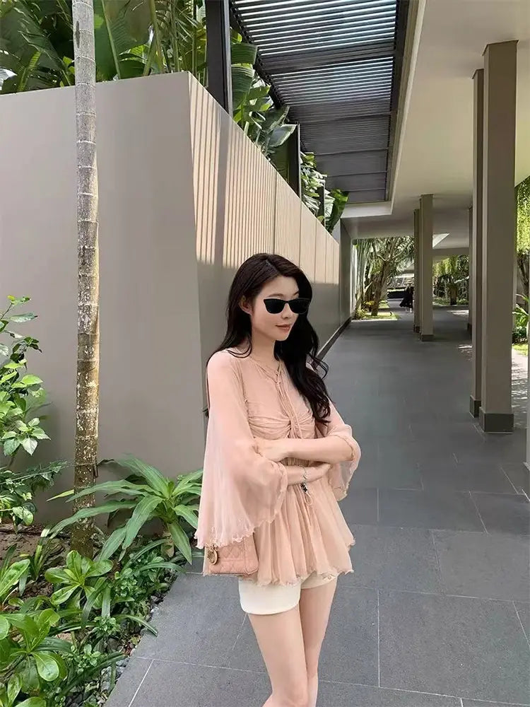 Pure Desire Style Chiffon Shirt Women’s High-grade Ruffle Sleeve Mesh