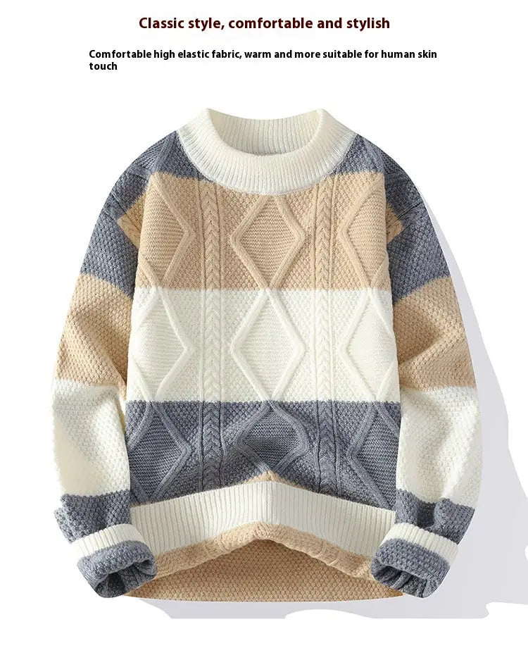 Men’s Casual Round Neck Sweater Contrast Color Knitwear Top