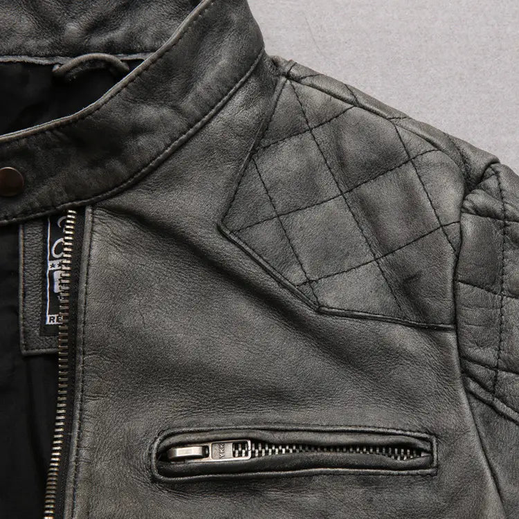 Men’s distressed stand collar leather jacket