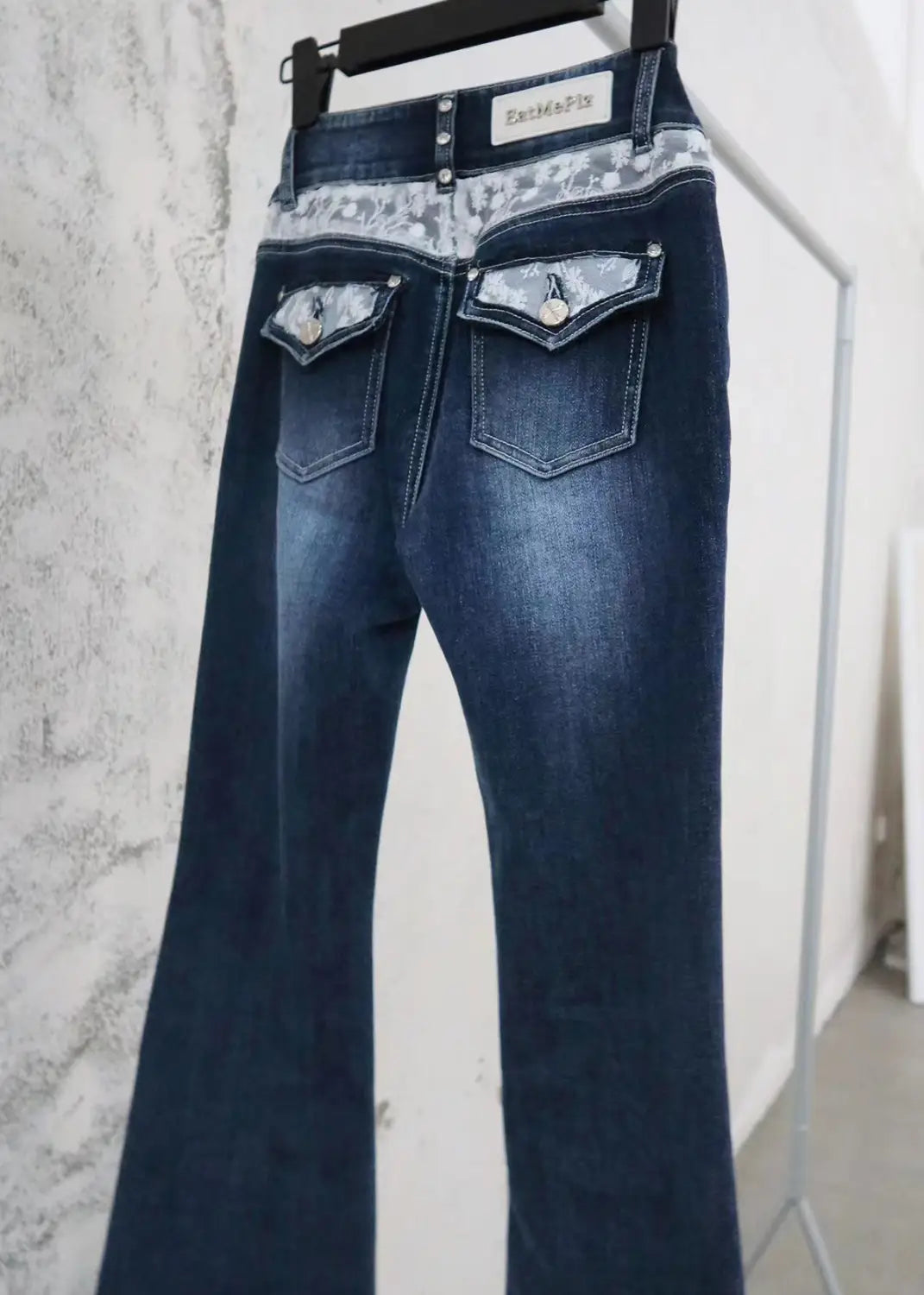 Rhinestone Skinny Low Waist Flared Dark Jeans