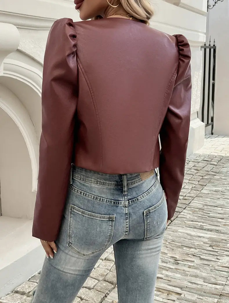 Jacket Women’s Temperament Leisure Cardigan Solid Color Leather Coat