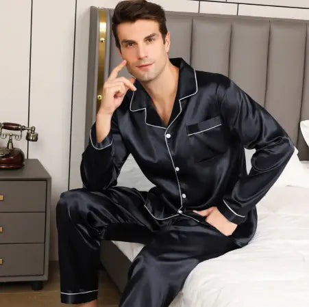 Ice Silk Men’s Long Sleeve Loose Plus Size Pajamas Suit