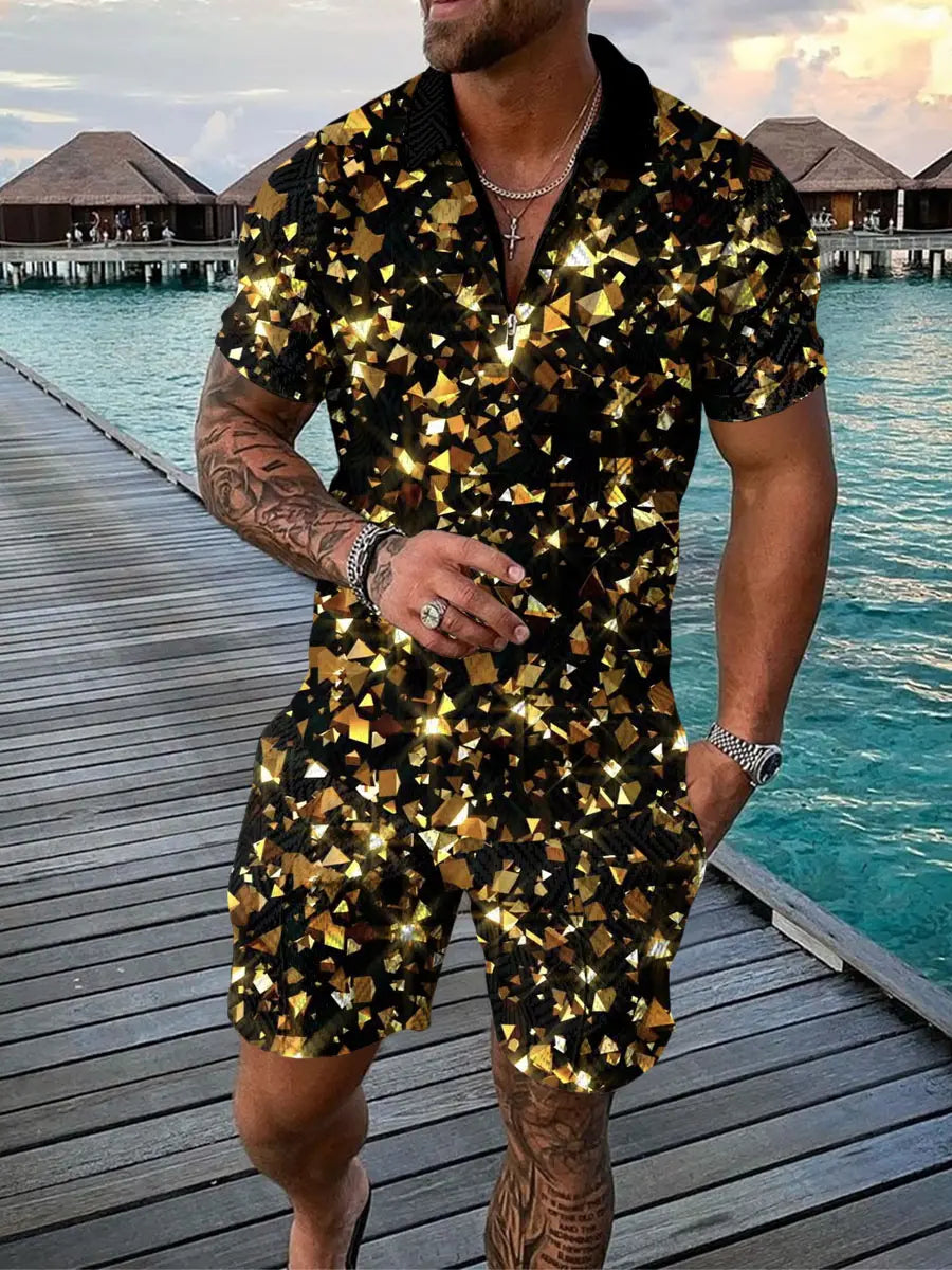 Men’s Summer Fashion 3D Printed Short Sleeve Geometric Zip Lapel Shirt Set