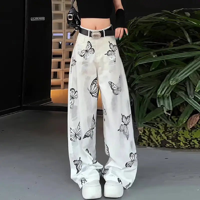 Casual Pants Butterfly Tie-dyed Wide-leg Women’s White
