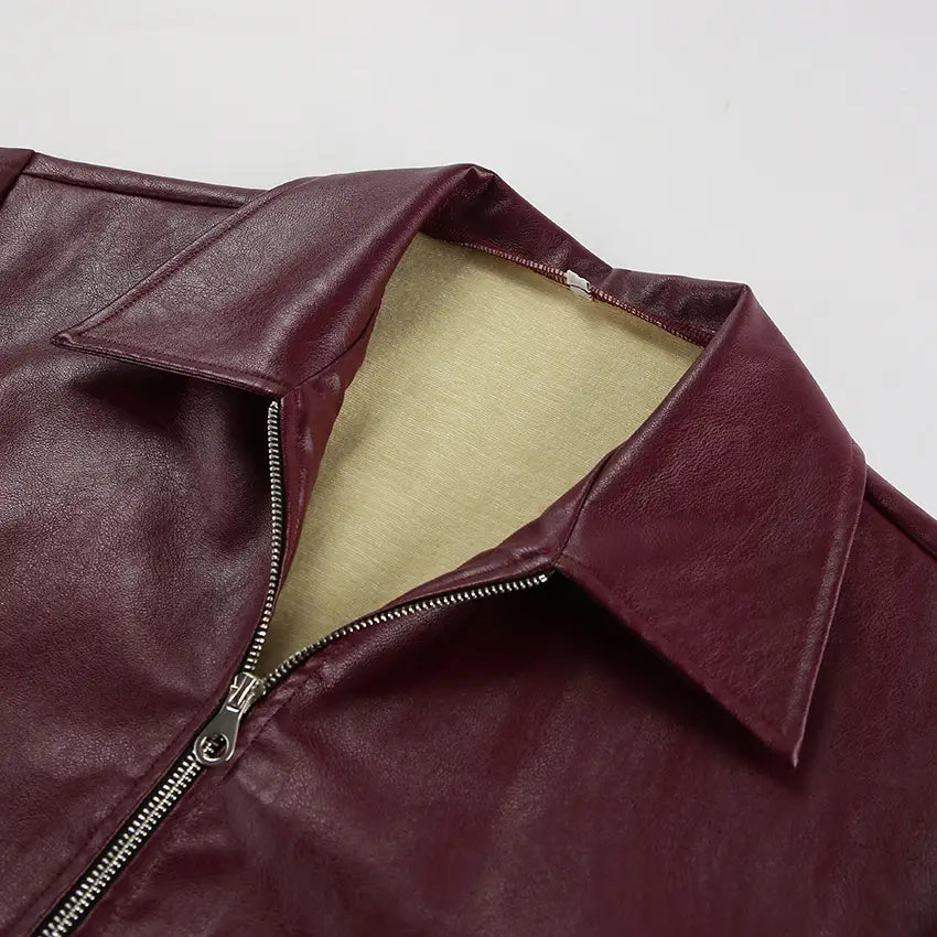 Retro Biker’s Style Wine Red European And American Handsome Matte Leather Jacket Coat