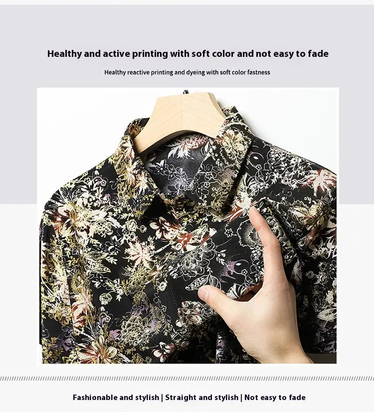 Summer Men’s Middle-aged Printed Shirt Short Sleeve Stretch Ice Silk Leisure