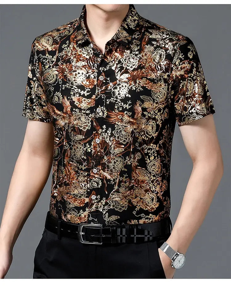Summer Men’s Middle-aged Printed Shirt Short Sleeve Stretch Ice Silk Leisure