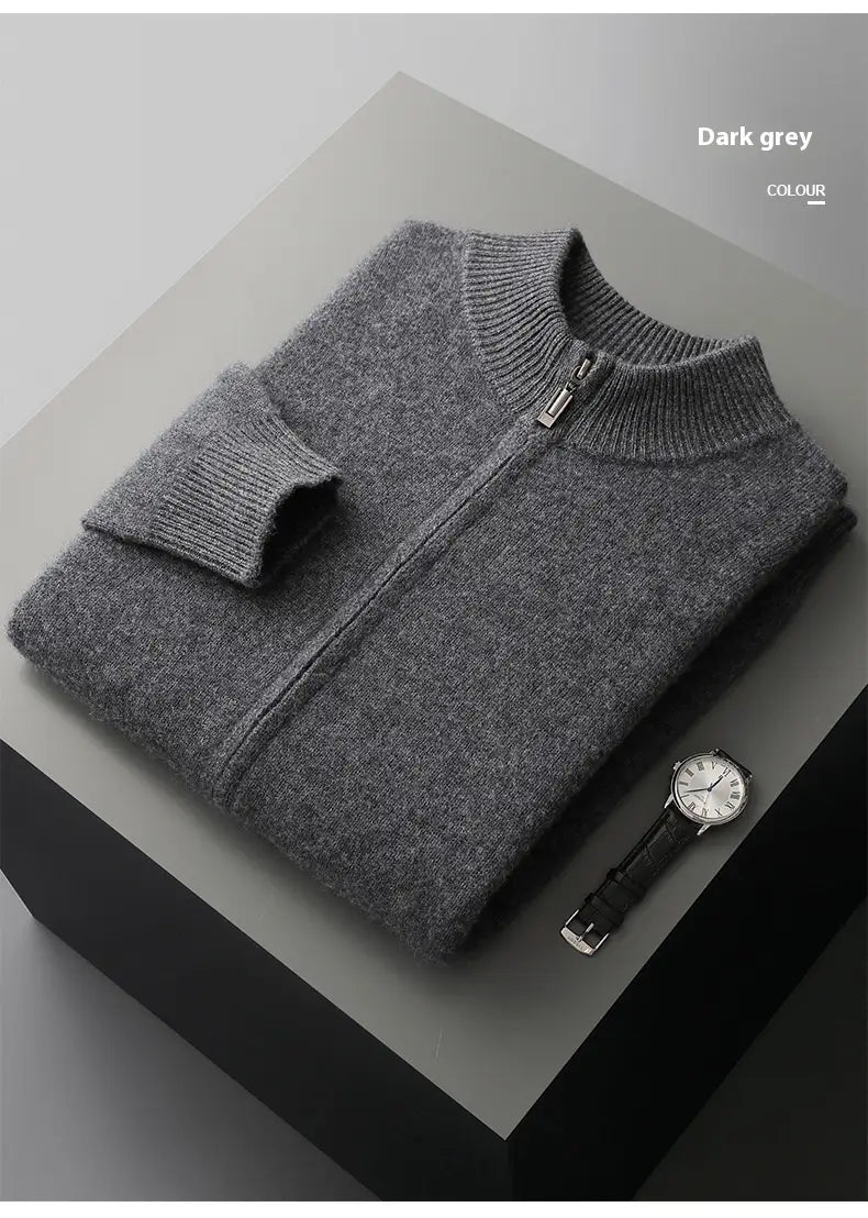 Wool Cardigan Men’s Stand Collar Zipper Knitted Sweater Coat Warm And Loose Cashmere Pants Men
