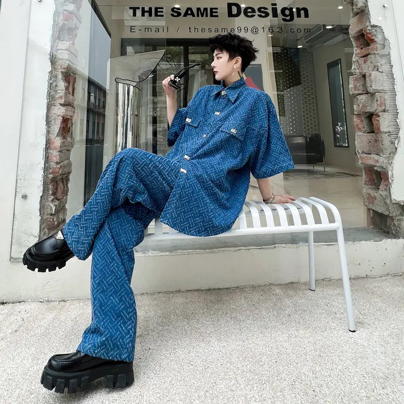 Silhouette Solid Color Denim Suit High Street Retro Men’s