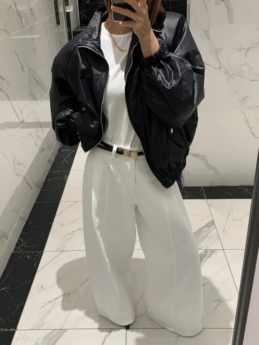 Women’s Korean-style Temperament High Waist Pleated Stitching Wide-leg Jeans