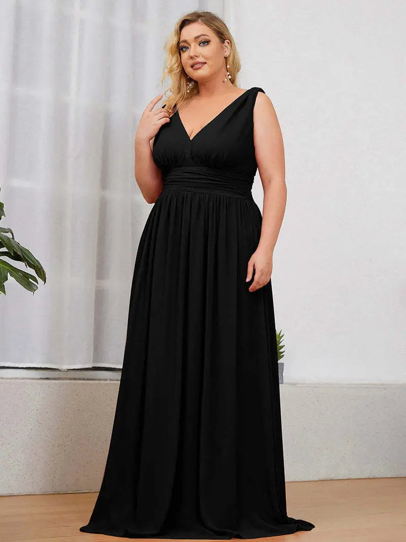 Deep V-neck Bridesmaid Plus Size High Waist Evening Dress