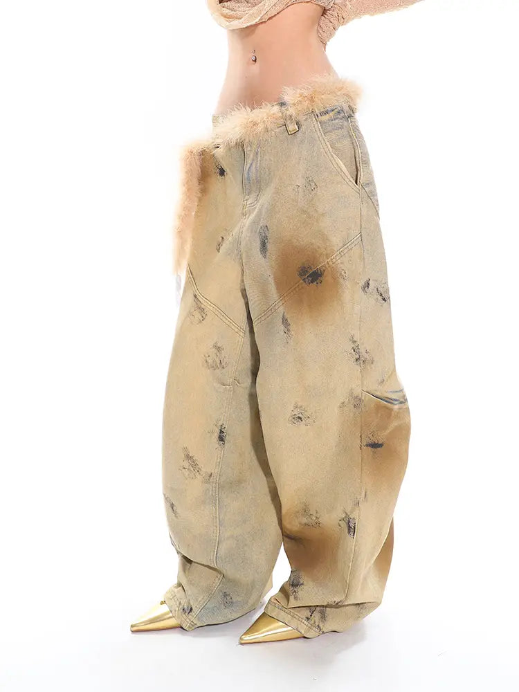 Washed Old Blooming Retro Machete Profile Loose Jeans