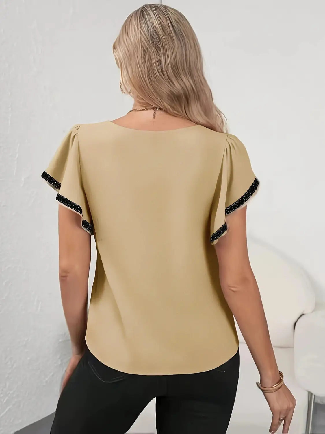 Women’s Fashion Ruffle Sleeve Solid Color And V-neck T-shirt