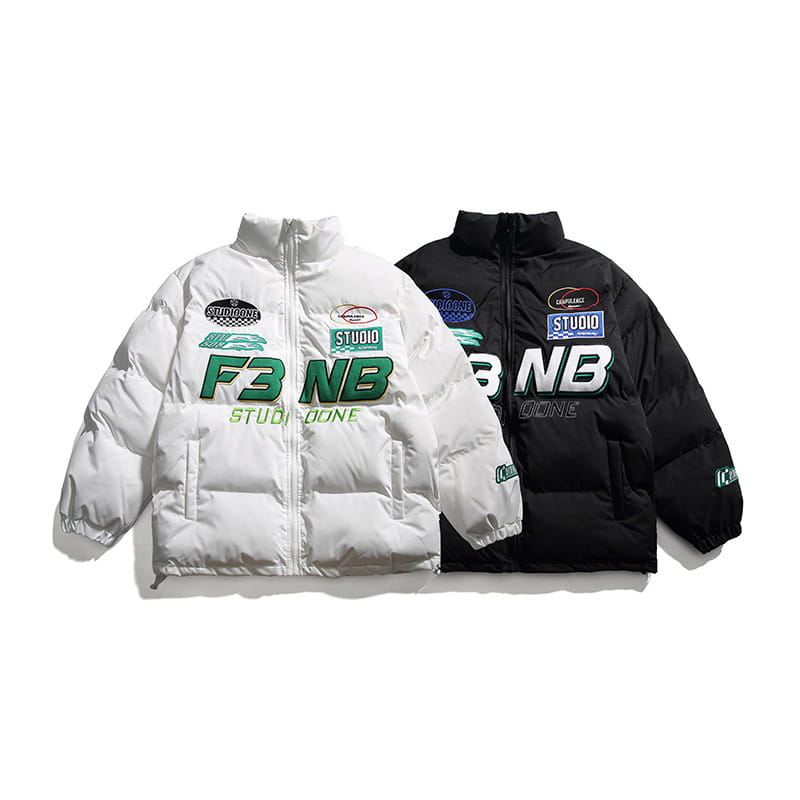 Men’s Solid Color Racing Elements Embroidered Letter Stand Collar Jacket
