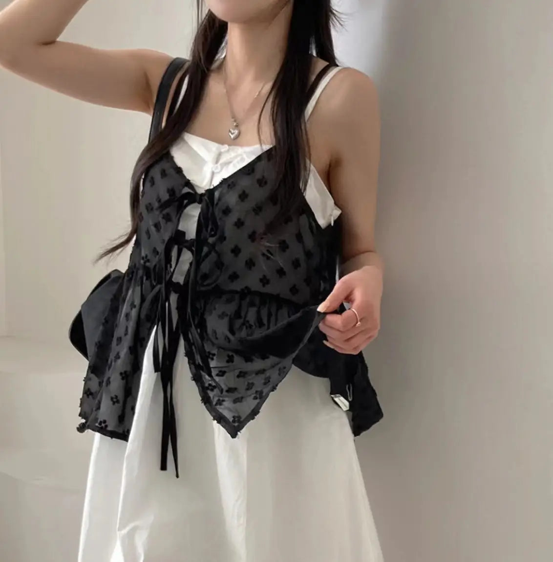 V-neck Lace-up Design Embroidery Jacquard All-match Bandage Dress Sling