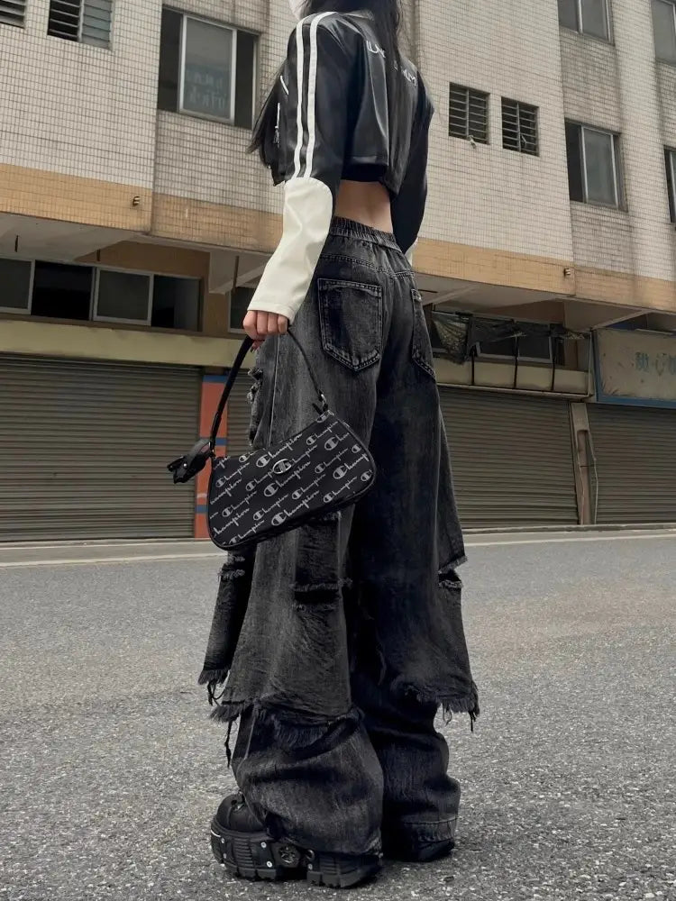 High Street Distressed Cargo Jeans Wide Leg Trousers