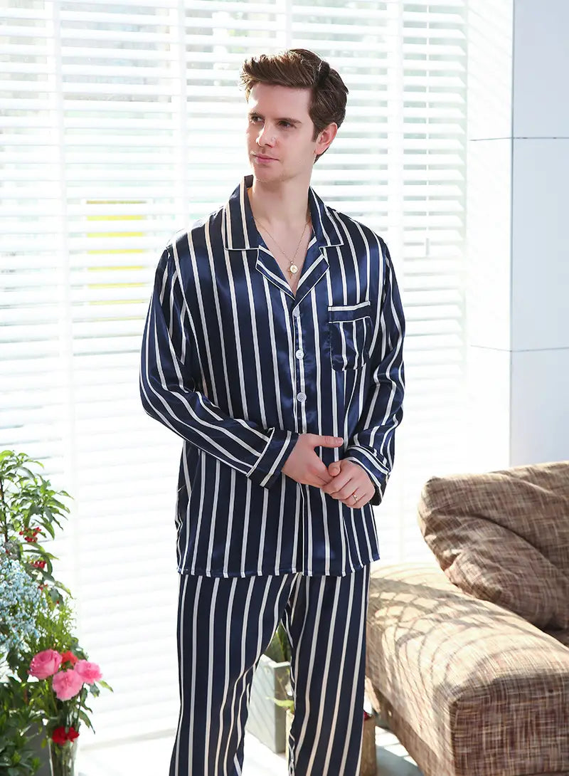 Fall men’s simulated silk stripe pajamas men