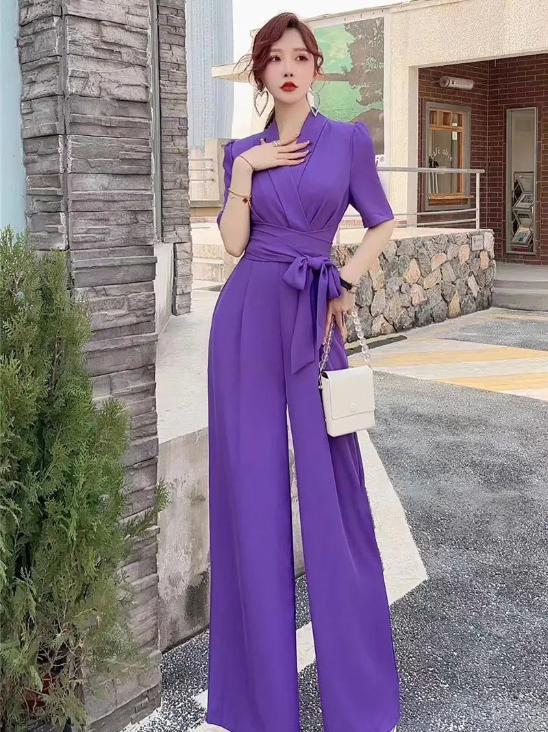 Elegant Temperament Pure Color High Waist Slimming Lace-up Wide Leg Jumpsuit