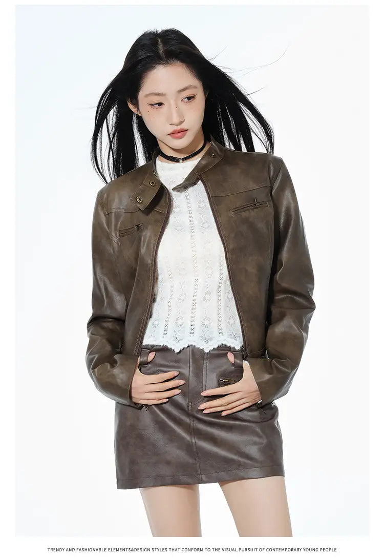 Short Leather Jacket Slim Brown Jacket Motorcycle Jacket